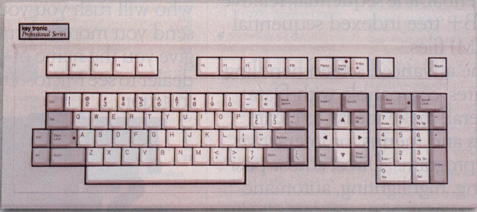 Key Tronic KB-5151. Lägg märke till de separata piltangenterna. Foto klippt från en annons från 1984.